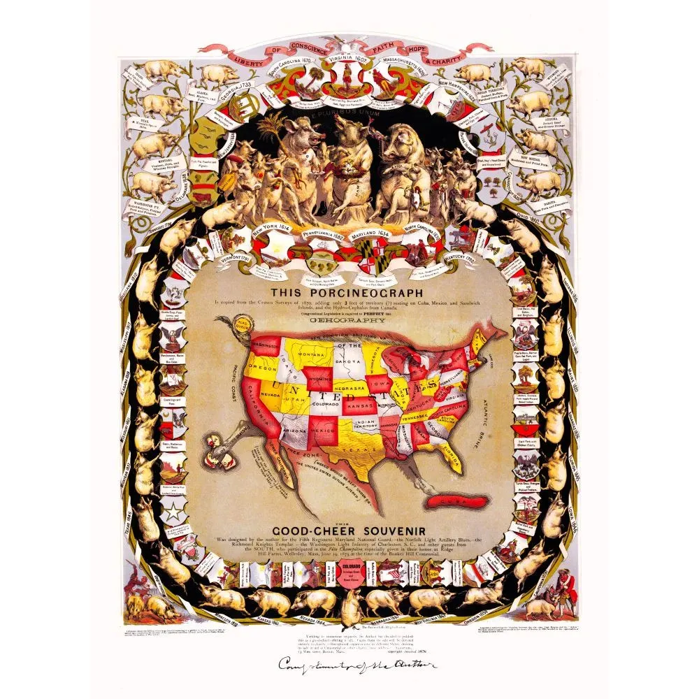 Carte satirique Porcineograph États-Unis William Baker 1876 cochon géant sceaux États centenaire Bunker Hill