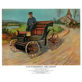 Illustration Automobile Delahaye pétrole De Dion-Bouton 2CV Levasseur conducteur campagne église XIXe