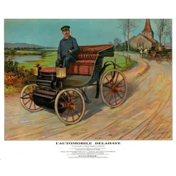 Illustration Automobile Delahaye pétrole De Dion-Bouton 2CV Levasseur conducteur campagne église XIXe