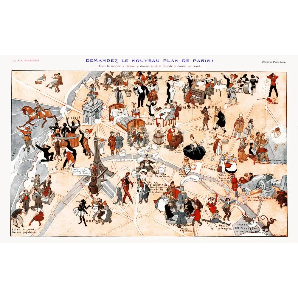 Carte satirique Paris 1920 Pierre Lissac Vie Parisienne danse Années Folles Montmartre Étoile Luxembourg Carte satirique Paris 1920 Pierre Lissac Vie Parisienne danse Années Folles Montmartre Étoile Luxembourg