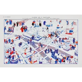 Carte satirique Paris 1er Janvier Pierre Lissac Vie Parisienne vue cavalière Nouvel An personnages hivernaux