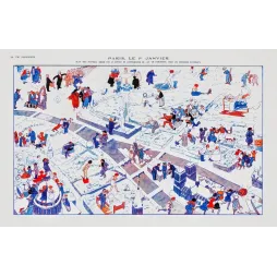 Carte satirique Paris 1er Janvier Pierre Lissac Vie Parisienne vue cavalière Nouvel An personnages hivernaux