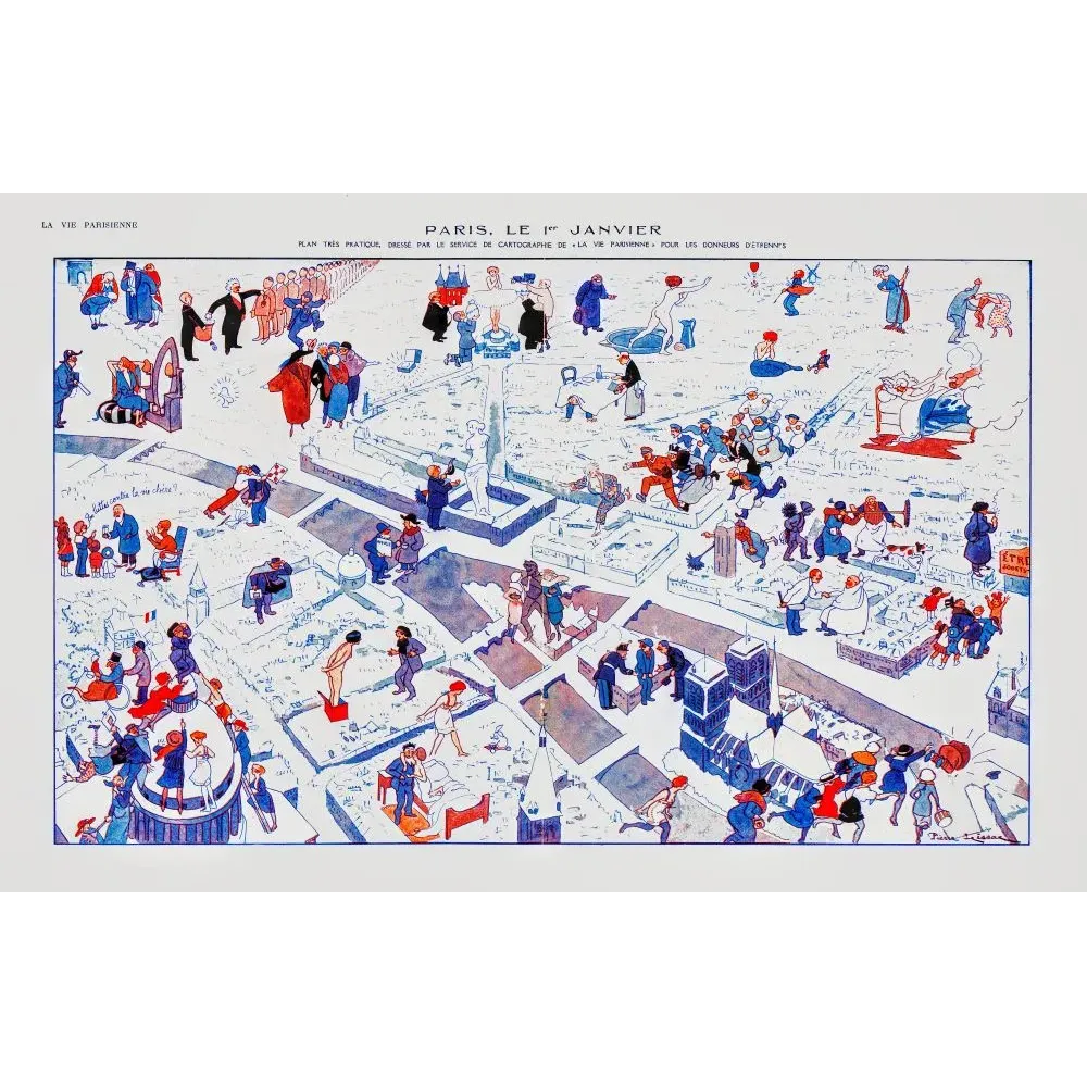 Carte satirique Paris 1er Janvier Pierre Lissac Vie Parisienne vue cavalière Nouvel An personnages hivernaux Carte satirique Paris 1er Janvier Pierre Lissac Vie Parisienne vue cavalière Nouvel An personnages hivernaux