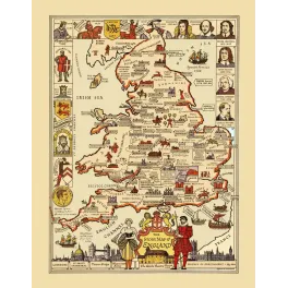 Carte illustrée Story Map of England Egbert Jacobson Colortext 1936 Shakespeare Stonehenge Cromwell histoire