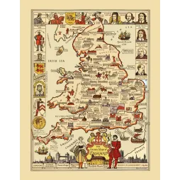 Carte illustrée Story Map of England Egbert Jacobson Colortext 1936 Shakespeare Stonehenge Cromwell histoire