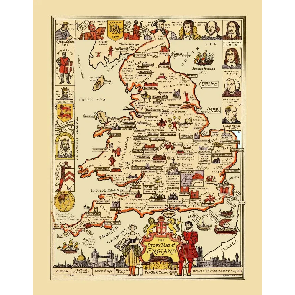 Carte illustrée Story Map of England Egbert Jacobson Colortext 1936 Shakespeare Stonehenge Cromwell histoire Carte illustrée Story Map of England Egbert Jacobson Colortext 1936 Shakespeare Stonehenge Cromwell histoire