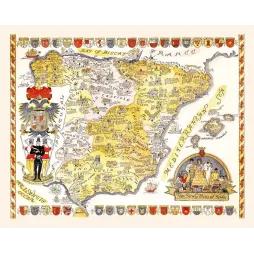 Carte illustrée Story Map of Spain Julio de Diego Colortext 1935 provinces blasons monuments Espagne histoire