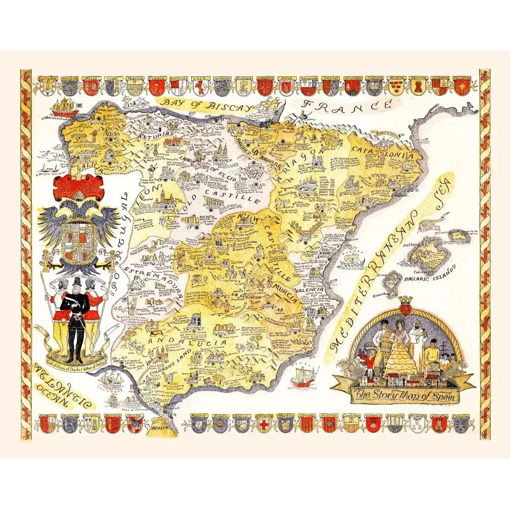Carte illustrée Story Map of Spain Julio de Diego Colortext 1935 provinces blasons monuments Espagne histoire Carte illustrée Story Map of Spain Julio de Diego Colortext 1935 provinces blasons monuments Espagne histoire