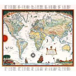 Carte monde illustrée Hendrik Van Loon 1932 Mercator navires animaux rose des vents données démographiques