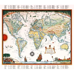 Carte monde illustrée Hendrik Van Loon 1932 Mercator navires animaux rose des vents données démographiques