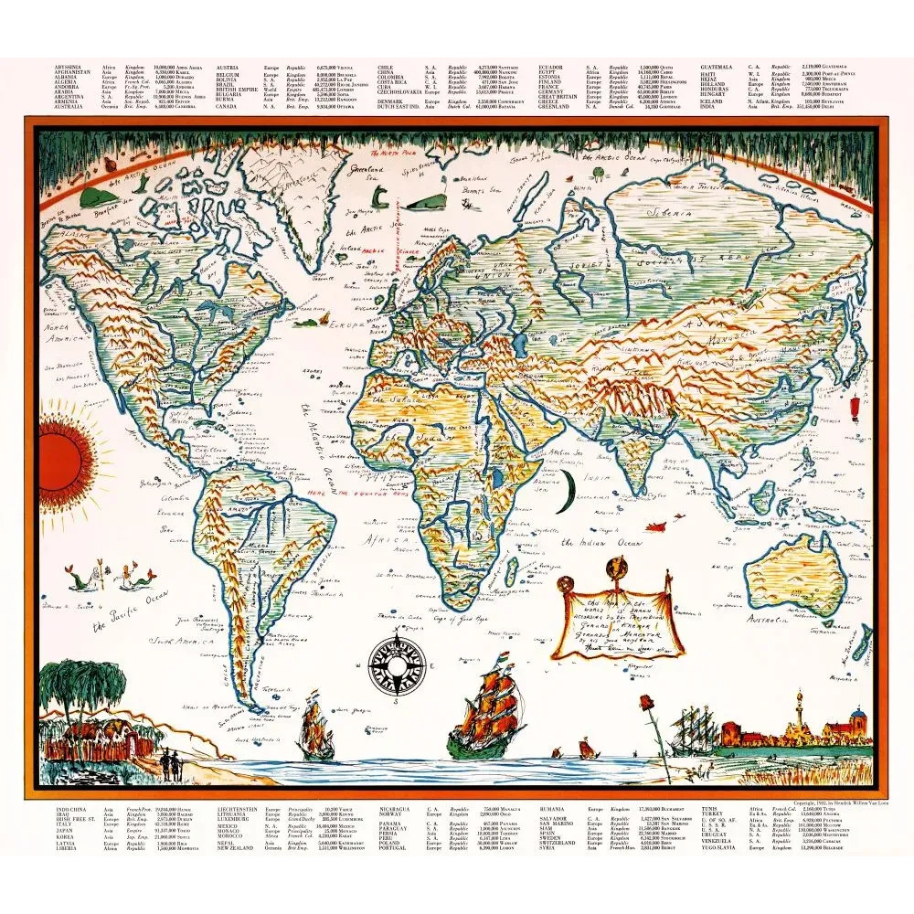 Carte monde illustrée Hendrik Van Loon 1932 Mercator navires animaux rose des vents données démographiques Carte monde illustrée Hendrik Van Loon 1932 Mercator navires animaux rose des vents données démographiques