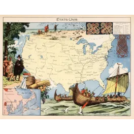 Carte illustrée États-Unis J.P. Pinchon Blondel Rougery 1948 Vikings colons Amérindiens Cape Cod drakkars
