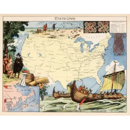 Carte illustrée États-Unis J.P. Pinchon Blondel Rougery 1948 Vikings colons Amérindiens Cape Cod drakkars