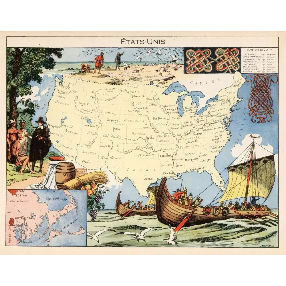 Carte illustrée États-Unis J.P. Pinchon Blondel Rougery 1948 Vikings colons Amérindiens Cape Cod drakkars Carte illustrée États-Unis J.P. Pinchon Blondel Rougery 1948 Vikings colons Amérindiens Cape Cod drakkars