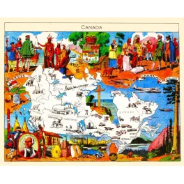 Carte illustrée Canada J.P. Pinchon Blondel Rougery 1948 Cartier Champlain Montcalm faune provinces
