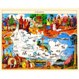 Carte illustrée Canada J.P. Pinchon Blondel Rougery 1948 Cartier Champlain Montcalm faune provinces