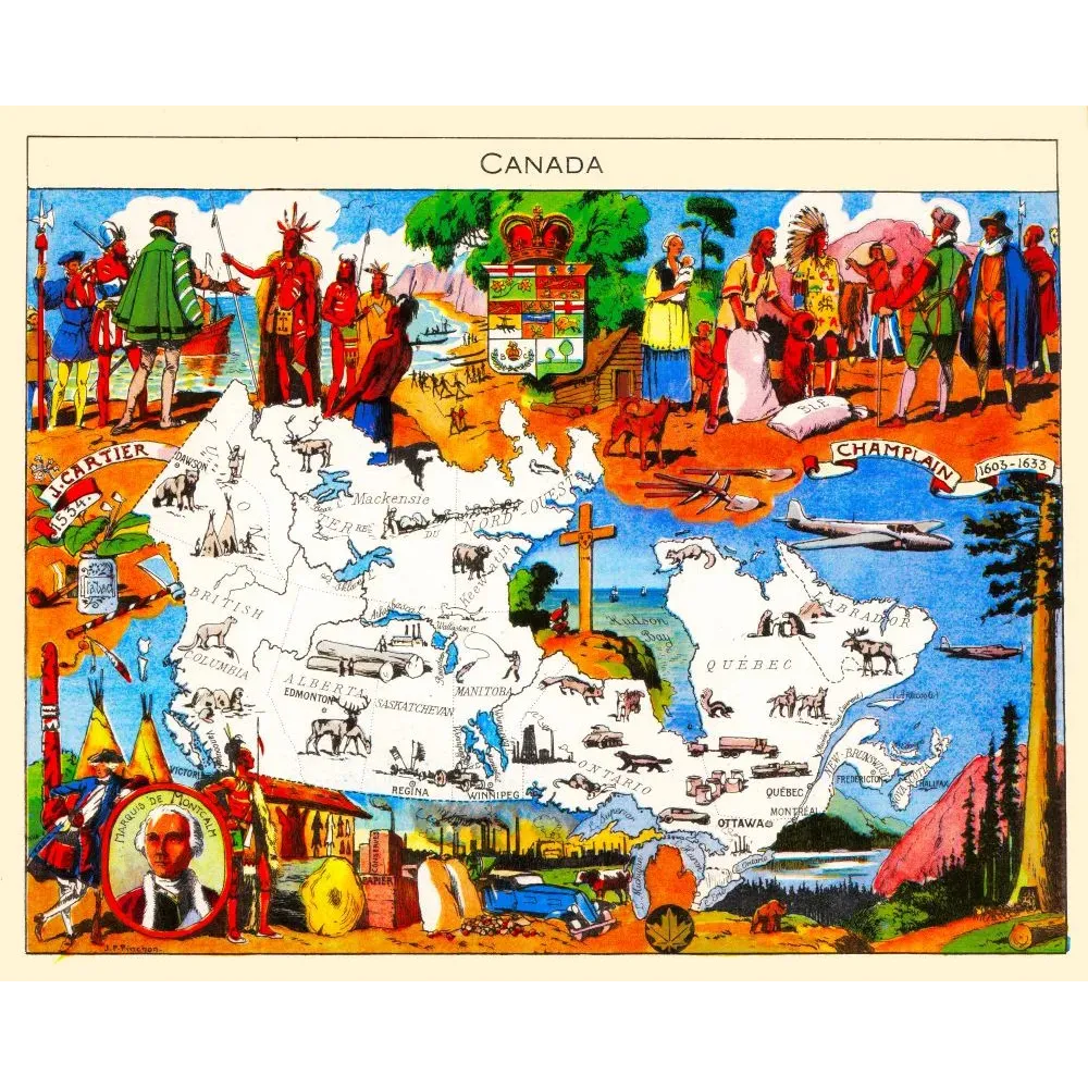 Carte illustrée Canada J.P. Pinchon Blondel Rougery 1948 Cartier Champlain Montcalm faune provinces Carte illustrée Canada J.P. Pinchon Blondel Rougery 1948 Cartier Champlain Montcalm faune provinces