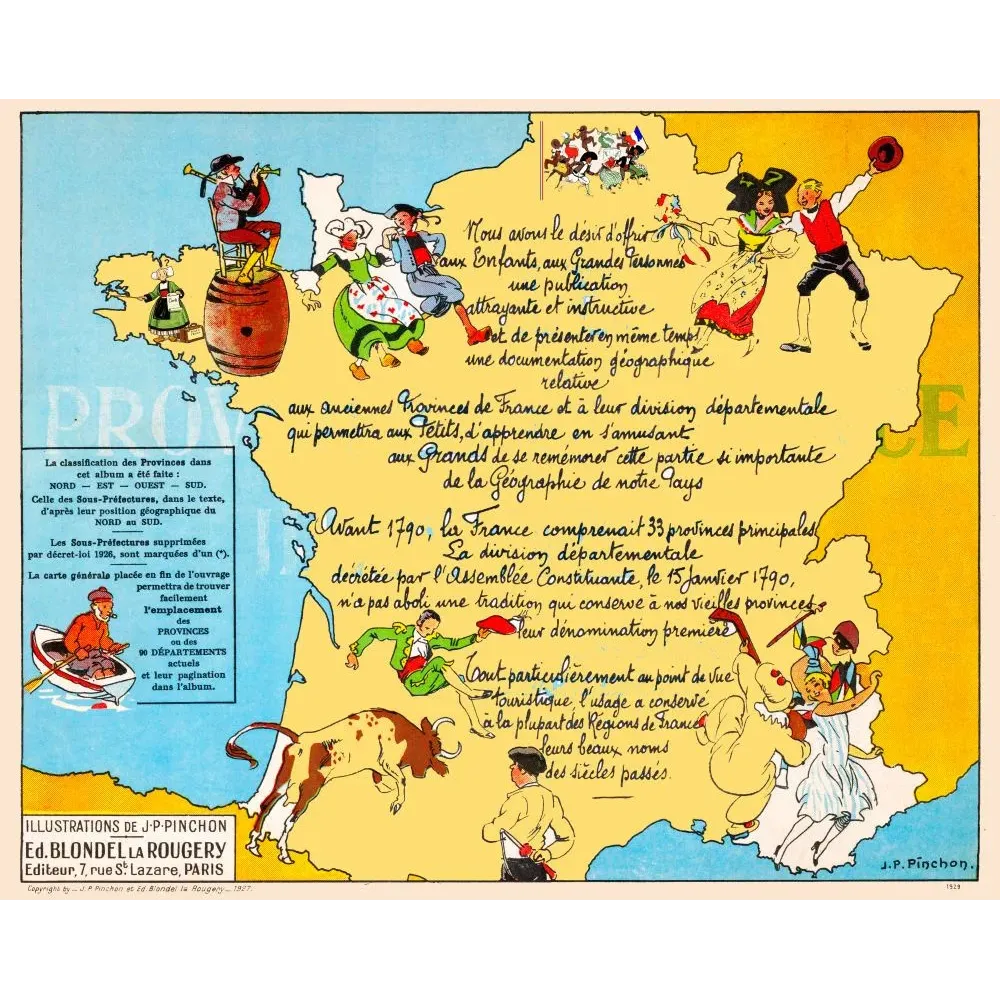 Carte illustrée provinces France J.P. Pinchon Blondel Rougery 1927 costumes régionaux traditions avant 1790 Carte illustrée provinces France J.P. Pinchon Blondel Rougery 1927 costumes régionaux traditions avant 1790