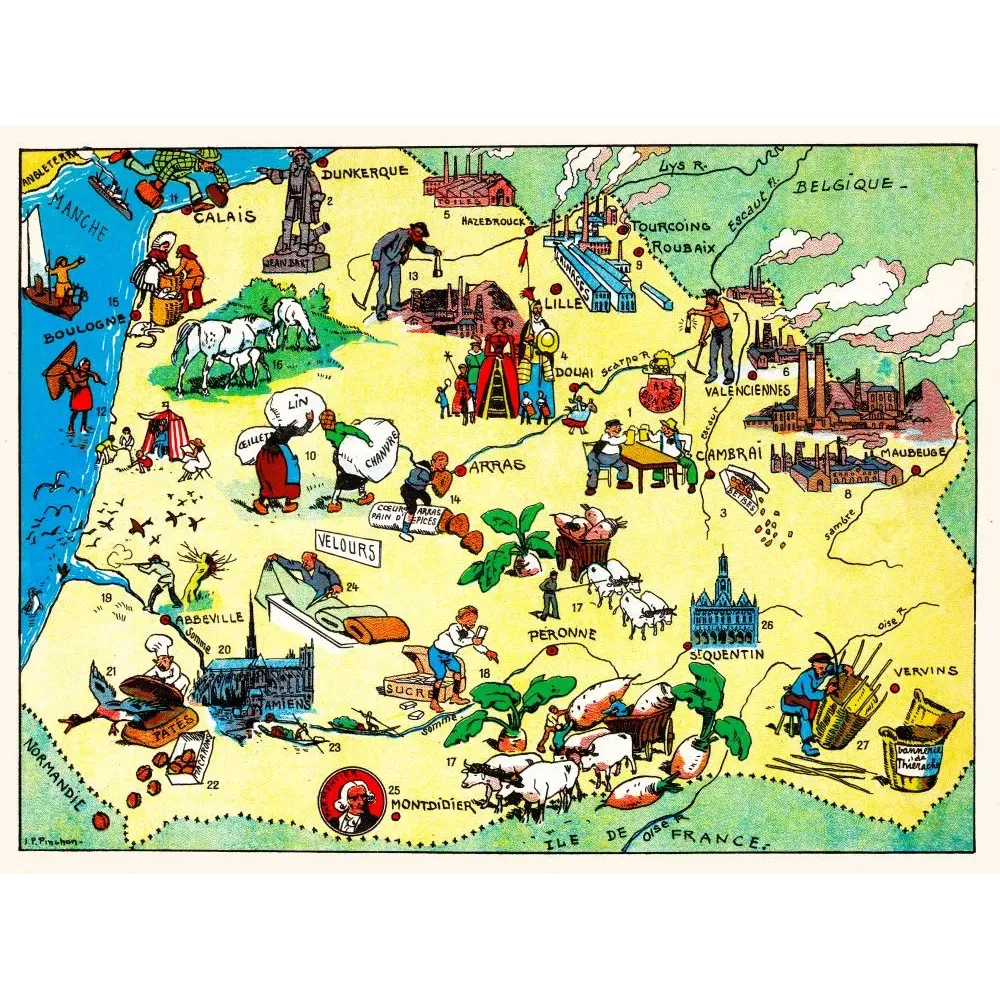 Carte illustrée Flandre Artois Picardie J.P. Pinchon Blondel Rougery 1927 mines lin velours Cambrai Valenciennes
