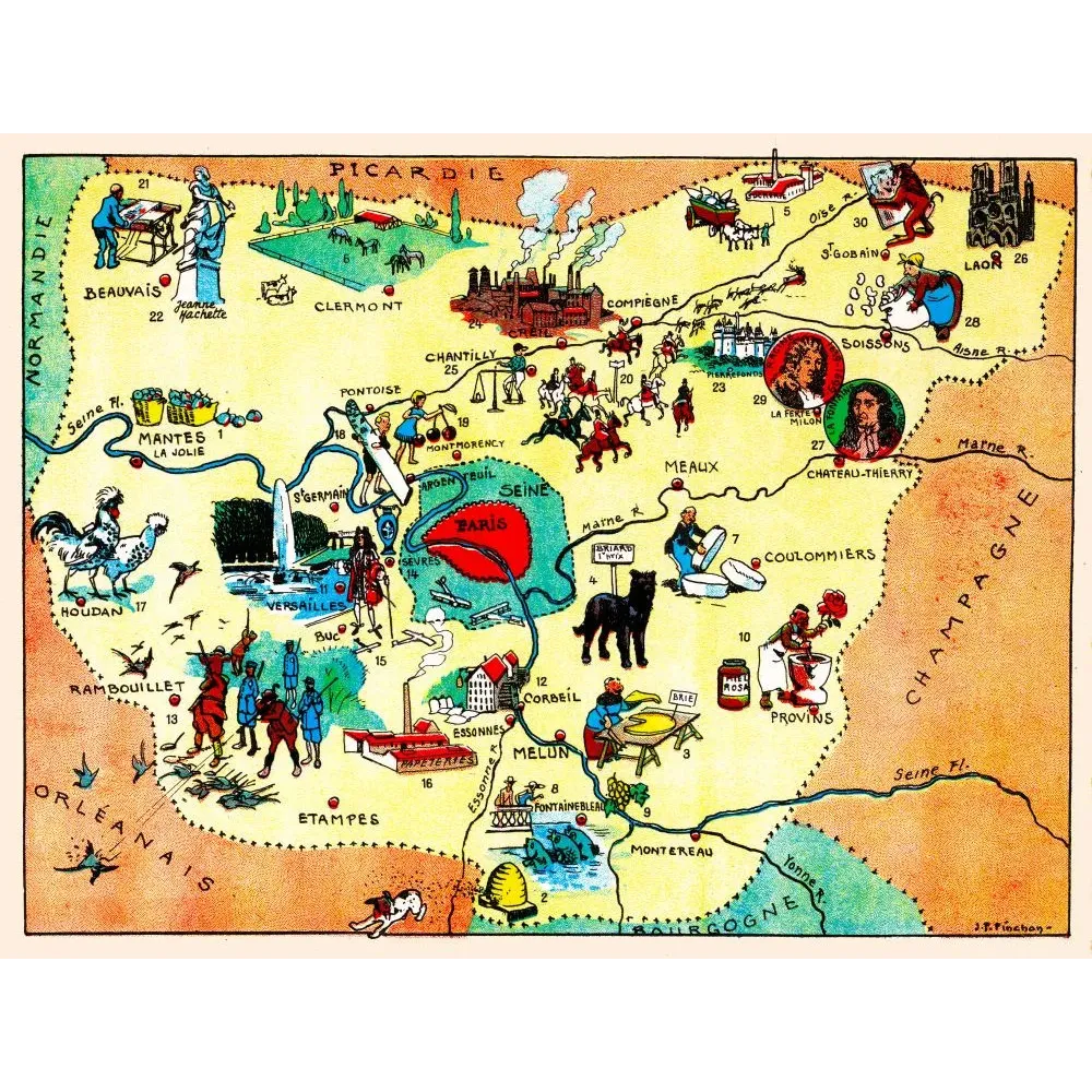 Carte illustrée Île-de-France J.P. Pinchon Blondel 1927 Versailles Fontainebleau Brie Chantilly Molière La Fontaine Carte illustrée Île-de-France J.P. Pinchon Blondel 1927 Versailles Fontainebleau Brie Chantilly Molière La Fontaine
