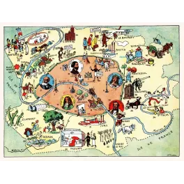 Carte illustrée Paris Seine banlieue J.P. Pinchon Blondel 1927 Vincennes Le Bourget Billancourt Gounod Molière