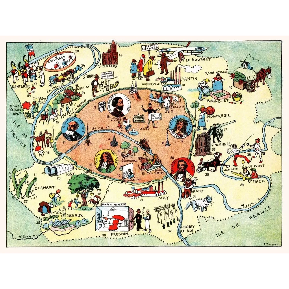 Carte illustrée Paris Seine banlieue J.P. Pinchon Blondel 1927 Vincennes Le Bourget Billancourt Gounod Molière Carte illustrée Paris Seine banlieue J.P. Pinchon Blondel 1927 Vincennes Le Bourget Billancourt Gounod Molière