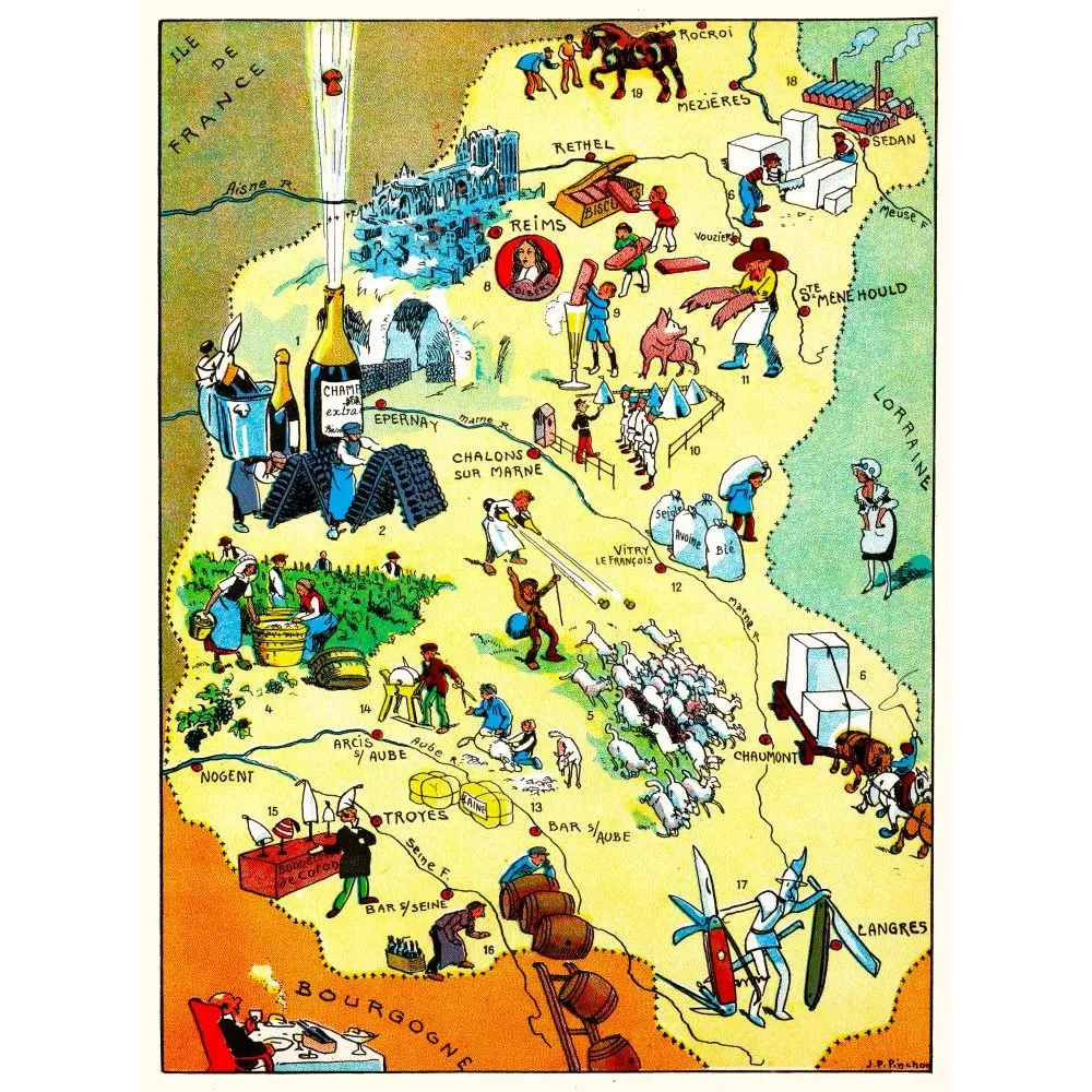 Carte illustrée Champagne J.P. Pinchon Blondel 1927 Épernay champagne Reims cathédrale Dom Pérignon Troyes Carte illustrée Champagne J.P. Pinchon Blondel 1927 Épernay champagne Reims cathédrale Dom Pérignon Troyes