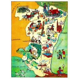 Carte illustrée Alsace J.P. Pinchon Blondel 1927 Strasbourg choucroute vignoble Rhin cigognes Munster
