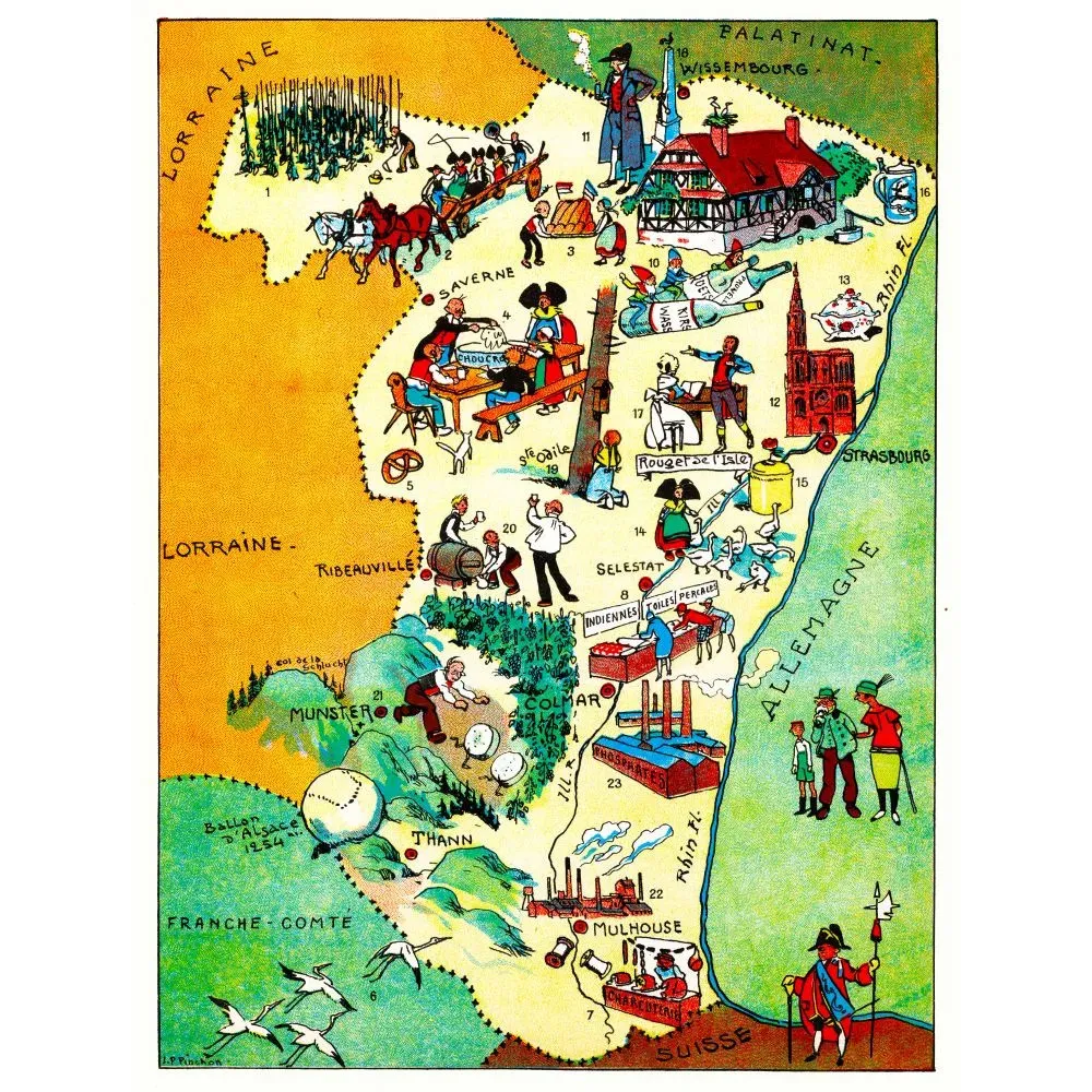Carte illustrée Alsace J.P. Pinchon Blondel 1927 Strasbourg choucroute vignoble Rhin cigognes Munster Carte illustrée Alsace J.P. Pinchon Blondel 1927 Strasbourg choucroute vignoble Rhin cigognes Munster