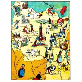 Carte illustrée Bourgogne J.P. Pinchon Blondel 1927 vins Beaune Dijon moutarde cassis charolais Le Creusot