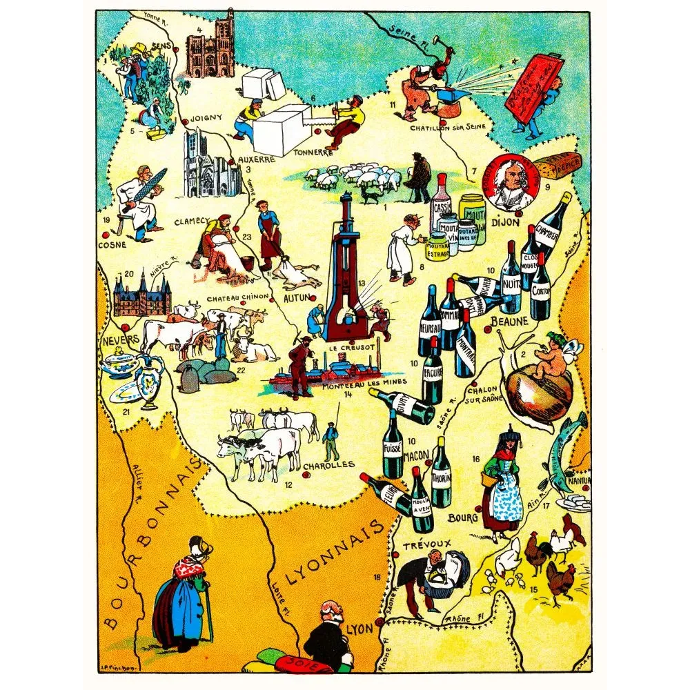 Carte illustrée Bourgogne J.P. Pinchon Blondel 1927 vins Beaune Dijon moutarde cassis charolais Le Creusot Carte illustrée Bourgogne J.P. Pinchon Blondel 1927 vins Beaune Dijon moutarde cassis charolais Le Creusot