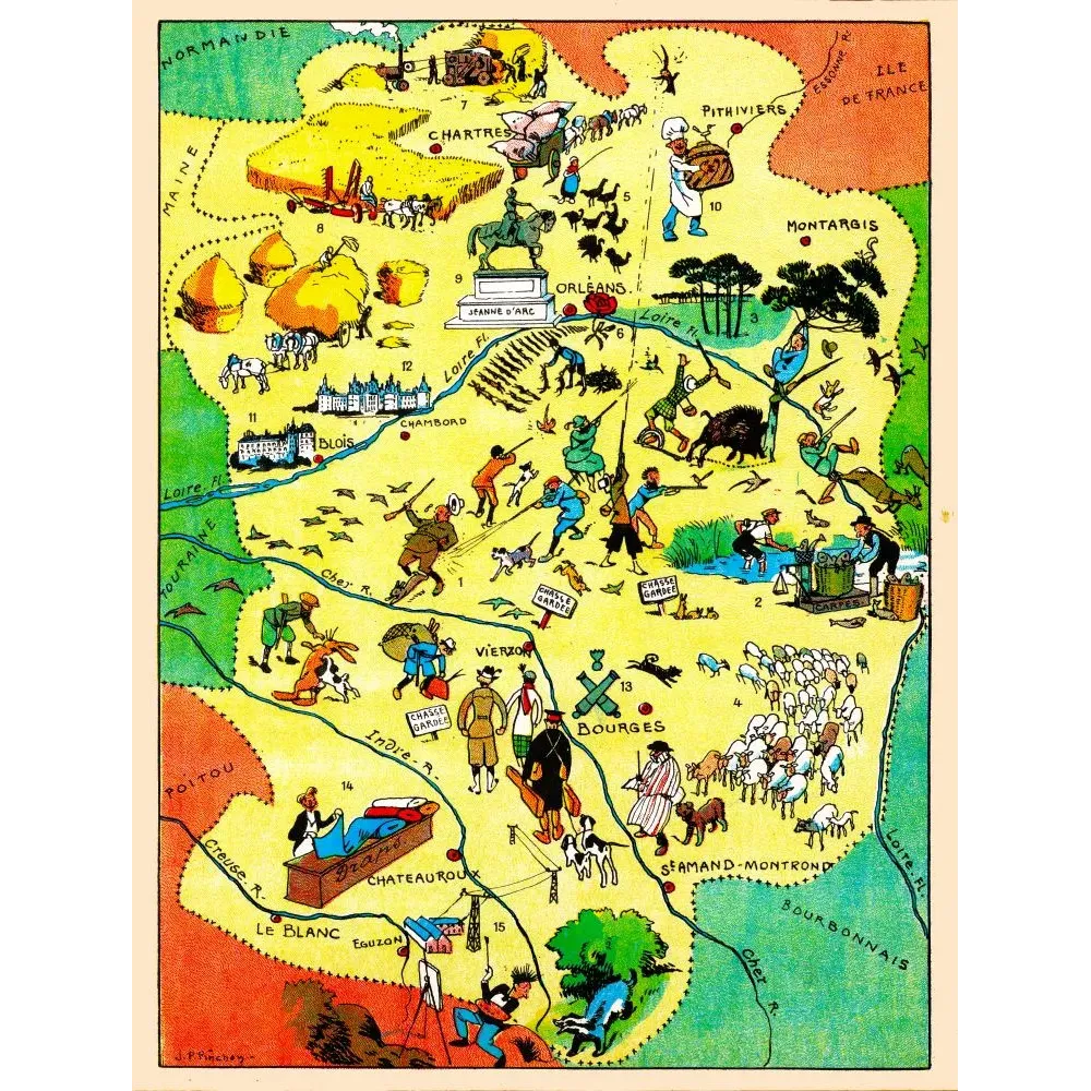 Carte illustrée Orléanais Berry J.P. Pinchon Blondel 1927 Jeanne d'Arc Chambord chasse Bourges Vierzon Carte illustrée Orléanais Berry J.P. Pinchon Blondel 1927 Jeanne d'Arc Chambord chasse Bourges Vierzon