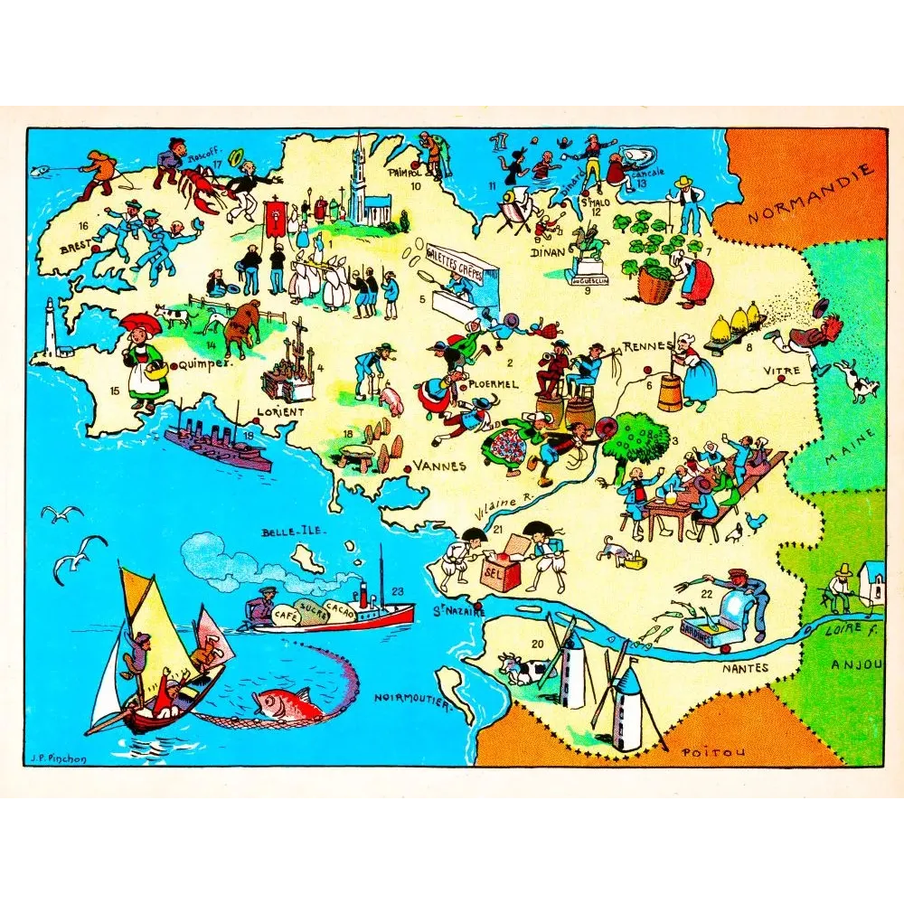 Carte illustrée Bretagne J.P. Pinchon Blondel 1927 homard galettes crêpes Brest Saint-Malo costumes bretons Carte illustrée Bretagne J.P. Pinchon Blondel 1927 homard galettes crêpes Brest Saint-Malo costumes bretons