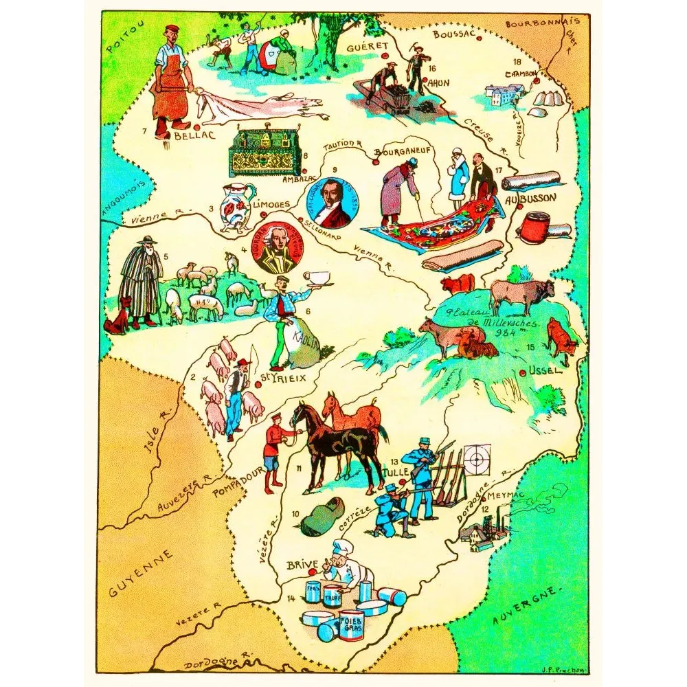 Carte illustrée Limousin Marche J.P. Pinchon Blondel 1927 Limoges porcelaine Aubusson tapisseries Brive foie gras