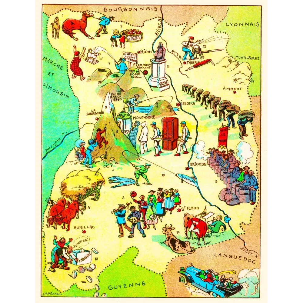 Carte illustrée Auvergne J.P. Pinchon Blondel 1927 Puy de Dôme Pascal Thiers fromages volcans danses Carte illustrée Auvergne J.P. Pinchon Blondel 1927 Puy de Dôme Pascal Thiers fromages volcans danses