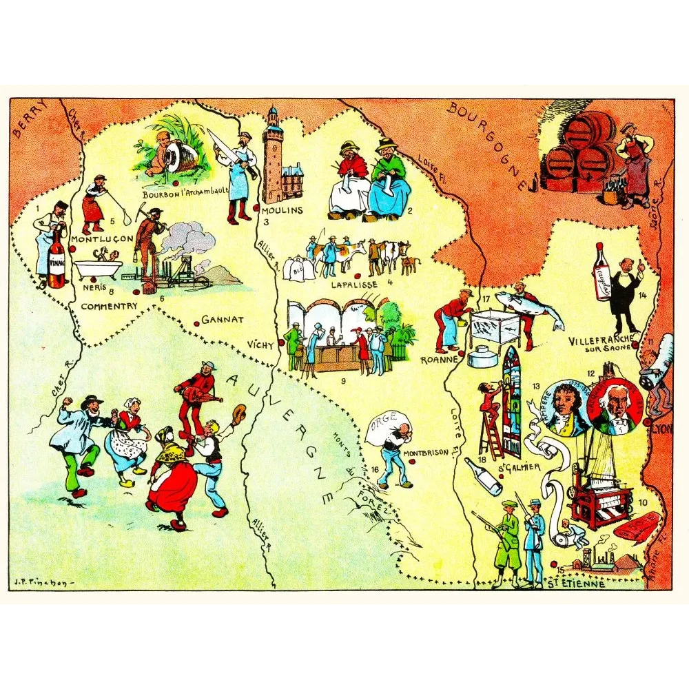 Carte illustrée Bourbonnais Lyonnais J.P. Pinchon Blondel 1927 Vichy Lyon soies Beaujolais Saint-Étienne