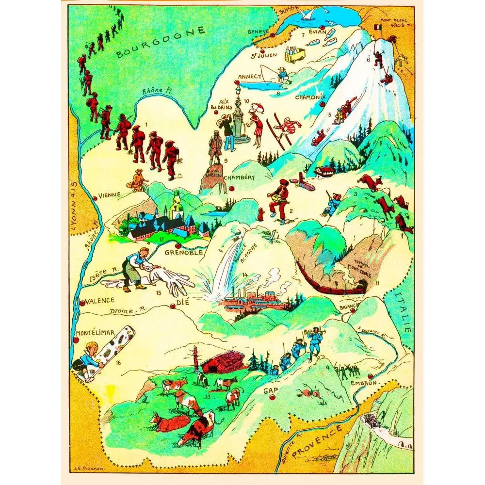 Carte illustrée Dauphiné Savoie J.P. Pinchon Blondel 1927 Chamonix Mont-Blanc Grenoble gants Évian sports hiver Carte illustrée Dauphiné Savoie J.P. Pinchon Blondel 1927 Chamonix Mont-Blanc Grenoble gants Évian sports hiver