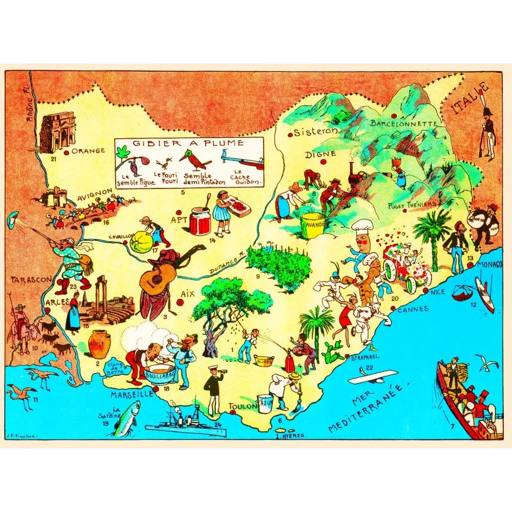 Carte illustrée Provence Côte d'Azur J.P. Pinchon Blondel 1927 Marseille bouillabaisse Nice lavande olives Monaco