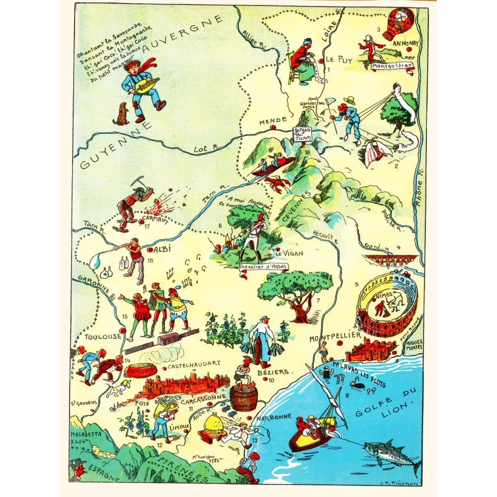 Carte illustrée Languedoc Roussillon J.P. Pinchon Blondel 1927 Toulouse Carcassonne Nîmes Pont du Gard cassoulet Carte illustrée Languedoc Roussillon J.P. Pinchon Blondel 1927 Toulouse Carcassonne Nîmes Pont du Gard cassoulet