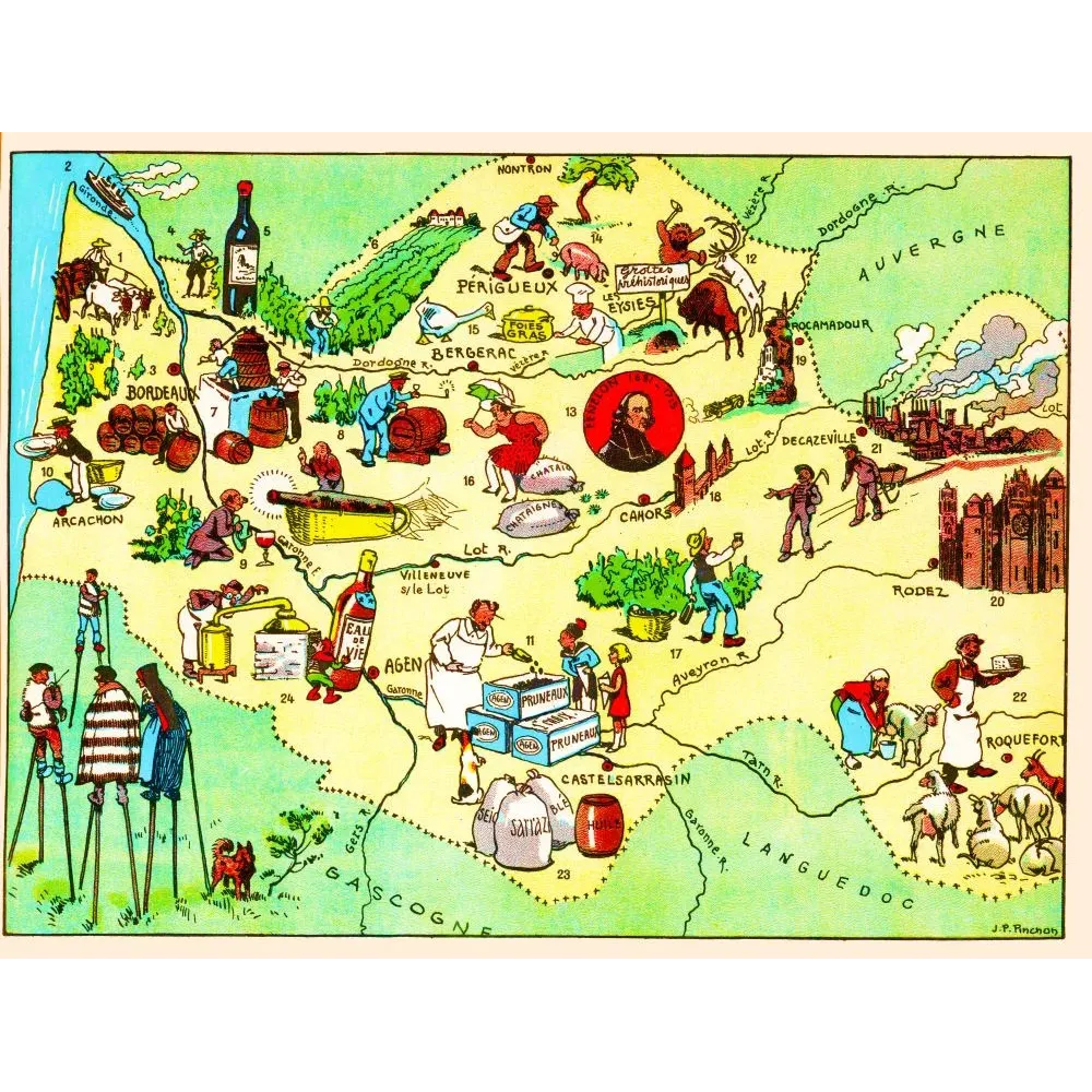 Carte illustrée Guyenne Périgord Quercy J.P. Pinchon Blondel 1927 Bordeaux foie gras Agen pruneaux Roquefort Carte illustrée Guyenne Périgord Quercy J.P. Pinchon Blondel 1927 Bordeaux foie gras Agen pruneaux Roquefort