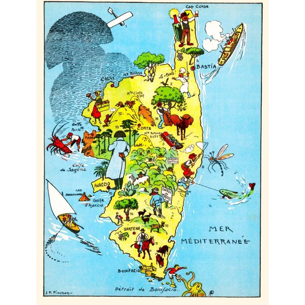 Carte illustrée Corse J.P. Pinchon Bécassine Bastia Ajaccio Bonifacio maquis Méditerranée Provinces France