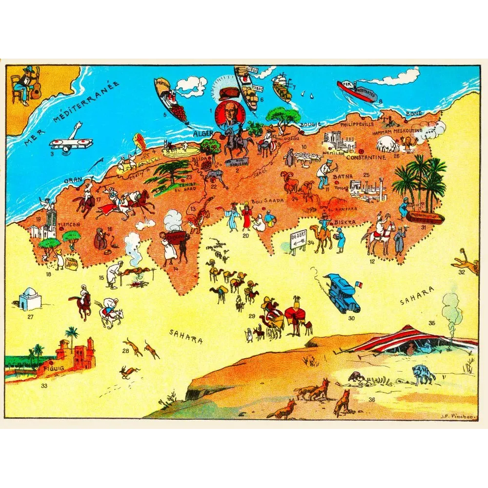 Carte illustrée Algérie J.P. Pinchon Alger Oran Constantine Sahara caravanes chameaux Provinces France coloniale Carte illustrée Algérie J.P. Pinchon Alger Oran Constantine Sahara caravanes chameaux Provinces France coloniale