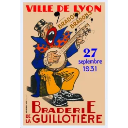 Affiche Braderie de la Guillotière Lyon 27 septembre 1931 clown banjo chapeau haut-de-forme coloré fête