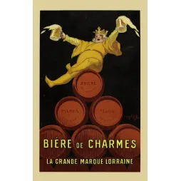 Affiche Bière de Charmes Lorraine Jean d'Ylen 1924 Roi de la Bière tonneaux Brune Pilsen Mars Art Déco