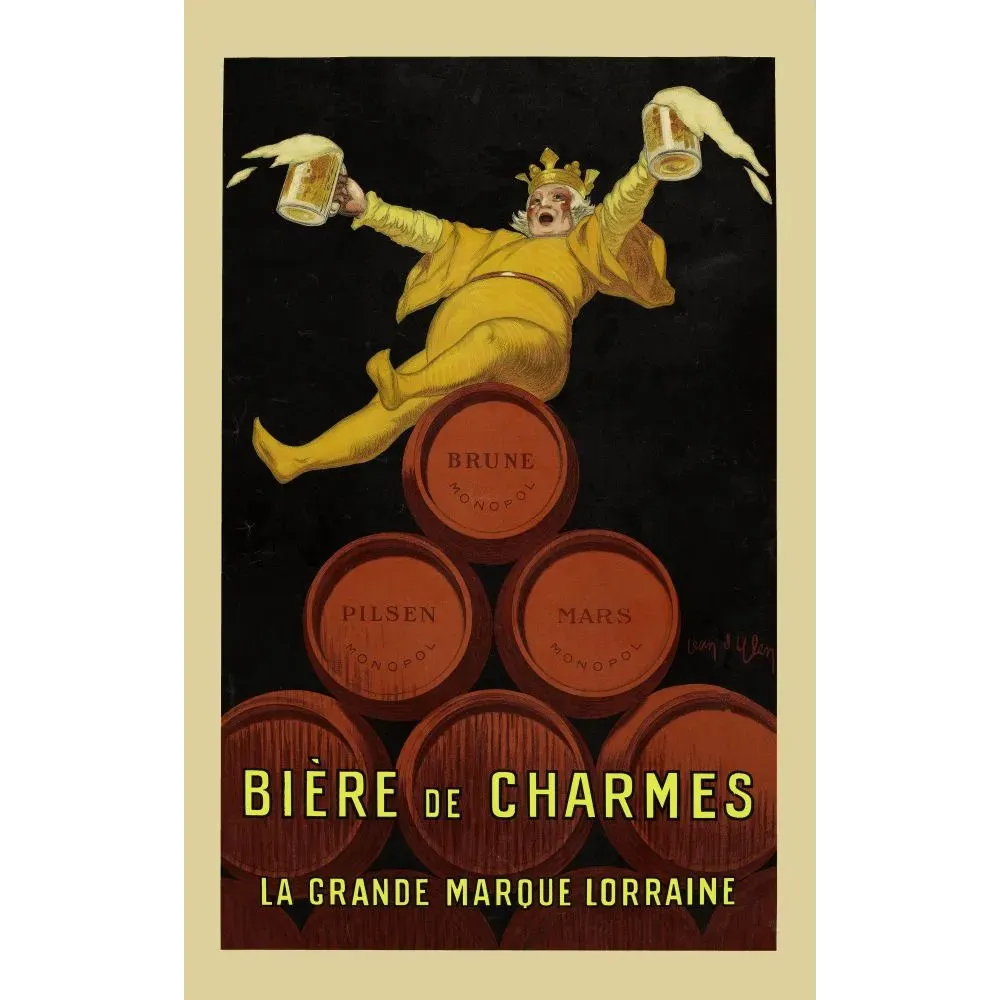 Affiche Bière de Charmes Lorraine Jean d'Ylen 1924 Roi de la Bière tonneaux Brune Pilsen Mars Art Déco