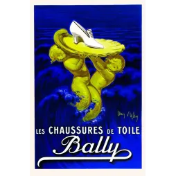 Affiche chaussures de toile Bally Jean d'Ylen chérubins dorés escarpin blanc coquille vagues bleues Art Déco
