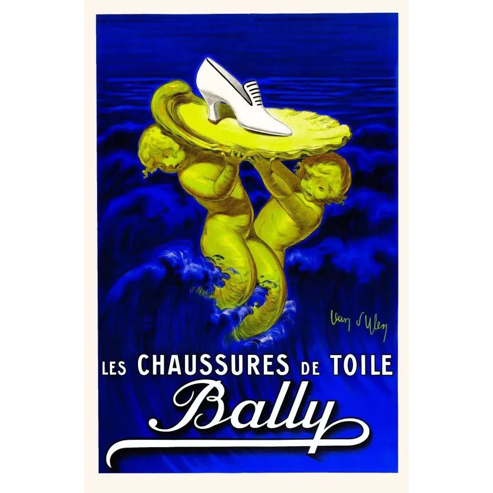 Affiche chaussures de toile Bally Jean d'Ylen chérubins dorés escarpin blanc coquille vagues bleues Art Déco Affiche chaussures de toile Bally Jean d'Ylen chérubins dorés escarpin blanc coquille vagues bleues Art Déco