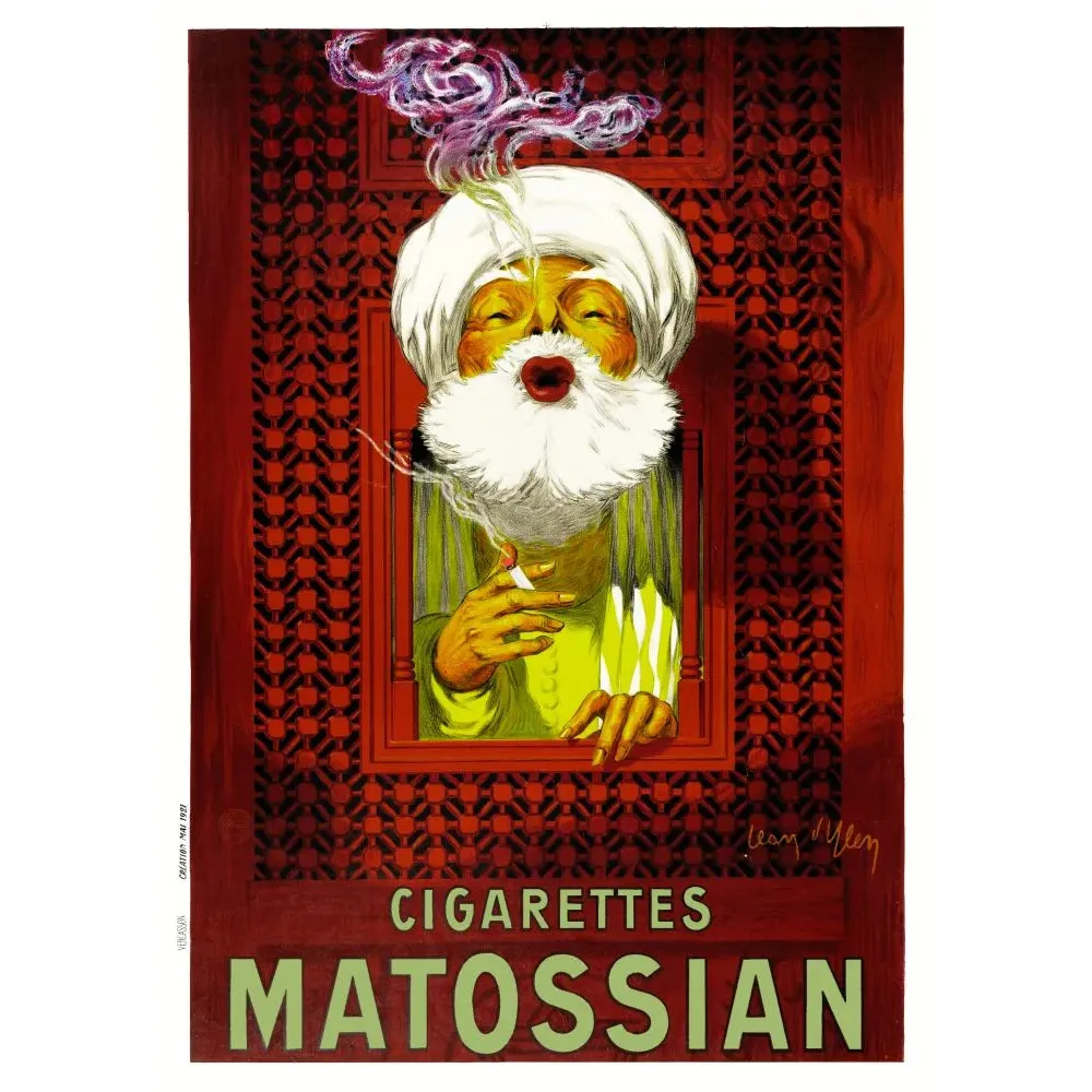 Affiche Cigarettes Matossian Jean d'Ylen 1921 sage turban blanc barbe moucharabieh rouge fumée orientalisme Affiche Cigarettes Matossian Jean d'Ylen 1921 sage turban blanc barbe moucharabieh rouge fumée orientalisme