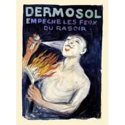 Affiche Dermosol empêche les feux du rasoir Leonetto Cappiello homme vaporisateur flammes fond bleu sombre