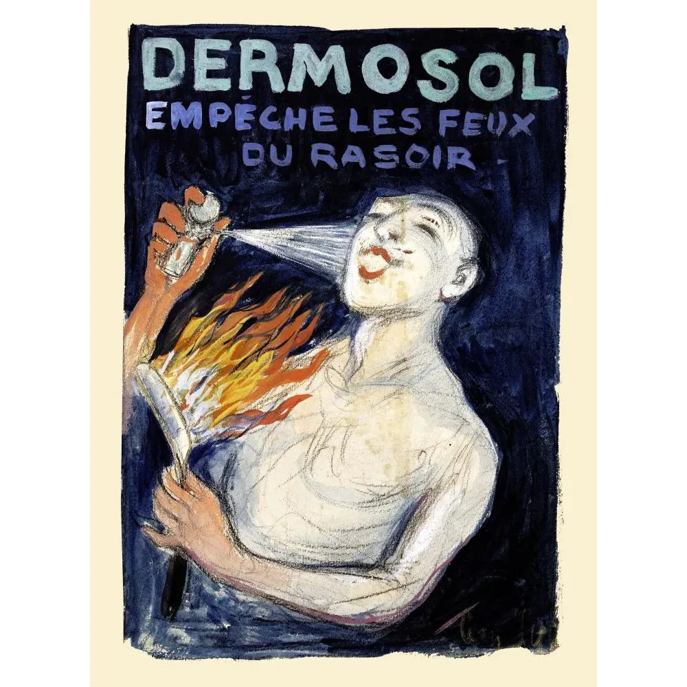 Affiche Dermosol empêche les feux du rasoir Leonetto Cappiello homme vaporisateur flammes fond bleu sombre Affiche Dermosol empêche les feux du rasoir Leonetto Cappiello homme vaporisateur flammes fond bleu sombre